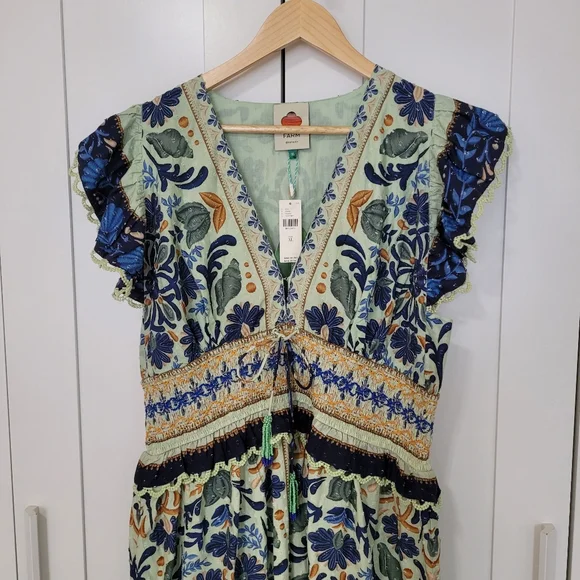 Anthropologie Farm Rio Ocean Tapestry Maxi Smocked Green Blue Lace Midi Dress - Picture 6 of 11